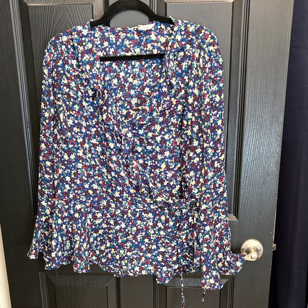 POPSUGAR Floral Ruffle Blouse - Blue and White